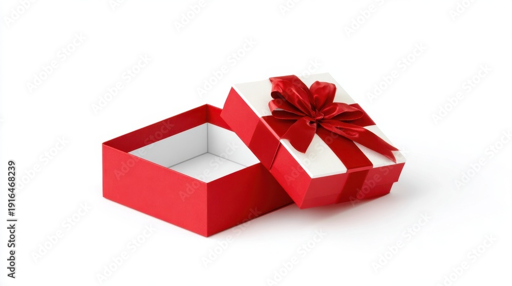 Fototapeta premium Red open gift box with ribbon isolated on white background for romantic celebration concept
