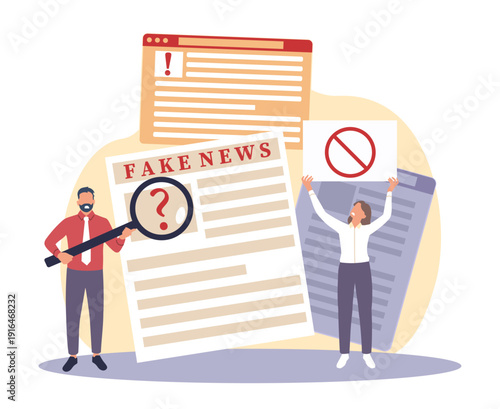 Fake news. People protesting against lies and propaganda, yellow mass media, fact checking, misinformation control and information security in digital, vector cartoon isolated concept