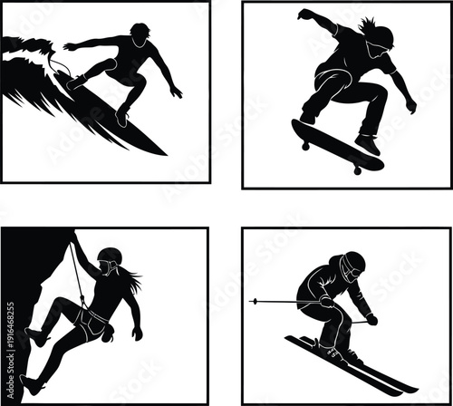 Silhouette of snowboarder in various poses