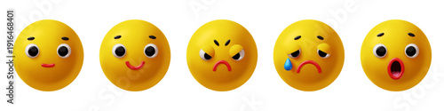 Cute cartoon 3d emoticons. Yellow funny characters with different facial expressions, cheerful smile, surprise, tears and anger, happy smiling faces good mood symbol, classy vector icons set