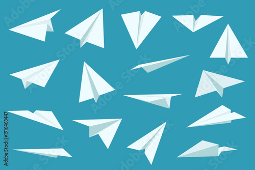 Cartoon paper plane. Different angles, classic origami object, handmade flying white airplane, simple craft item, aviation transportation, message symbol, freedom sign qualitative vector set