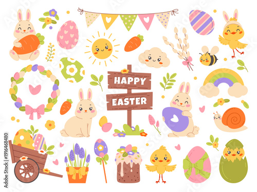 Cartoon happy easter. Cute holiday elements, spring funny items, animals, flowers, chickens and rabbits, painted eggs, spring season decoration, traditional celebration classy vector set