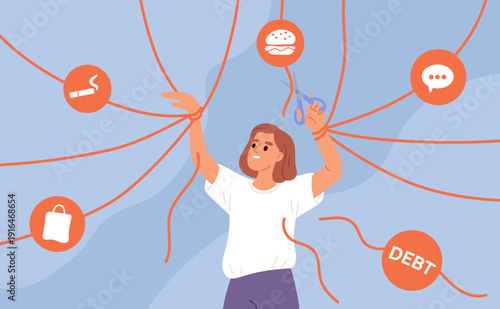 Breaking ties. Woman cuts ropes with scissors, psychological addictions, debts and bad habits, liberation process, achievement goal, garish vector cartoon isolated mental health concept