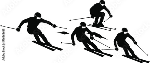 Silhouette of a skier in various positions on a slope