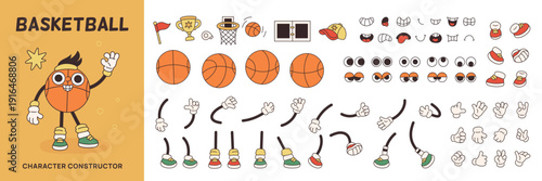 Basketball ball cartoon character constructor. Funny retro sport mascot, creation kit, happy smiling vintage face, playful poses parts, hands and legs, different expressions garish vector set