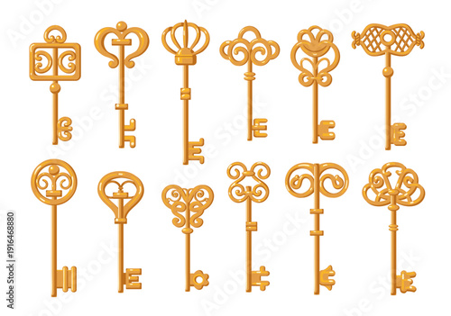 Antique keys. Carved decorative lock picks, vintage filigree heads, victorian elements, opening, closing door devices, medieval old passkeys, retro home safe and security splendid vector set