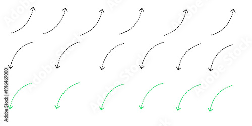 Set of curved dashed arrow icons in green and black colors for infographic and UI design elements