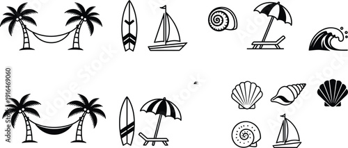 Beach summer icon set, palm trees surfboard sailboat shells isolated on white background vector illustration collection