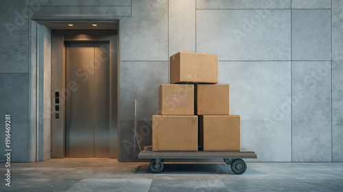 A cart loaded with stacked cardboard boxes stands near a modern elevator in a sleek building lobby
