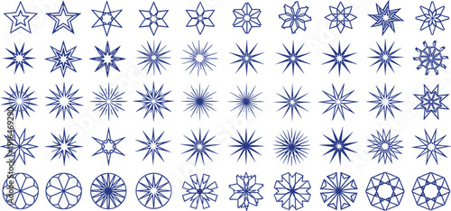 Blue geometric star patterns, symmetrical abstract motifs, radial decorative designs, polygonal outlines, circular symmetry artwork, ornamental vector illustration background