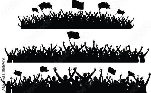 Cheering crowd silhouettes with flags, protest rally celebration fans isolated on white background vector illustration set