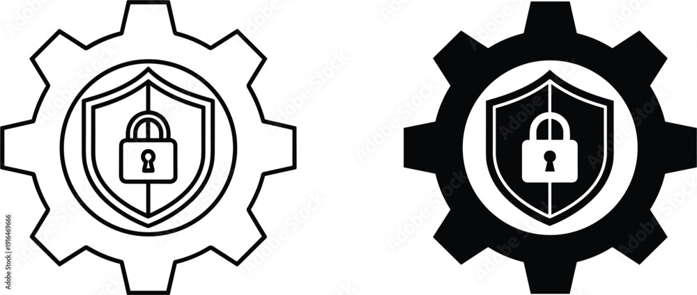 Fototapeta premium Cyber security icons in outline and silhouette styles featuring a shield with a padlock inside a gear symbol for data protection network safety and information technology management.