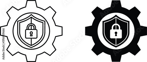 Cyber security icons in outline and silhouette styles featuring a shield with a padlock inside a gear symbol for data protection network safety and information technology management.