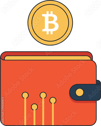 Digital crypto wallet icon with a gold Bitcoin coin representing blockchain technology, cryptocurrency storage, decentralized finance, and electronic wealth management vector illustration.