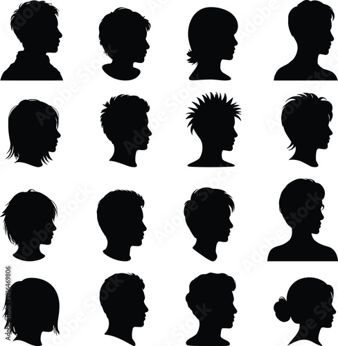 Set of silhouette profile portraits of diverse young men and women with different hairstyles