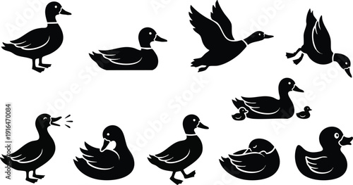 Collection of Duck Silhouettes in Various Poses.