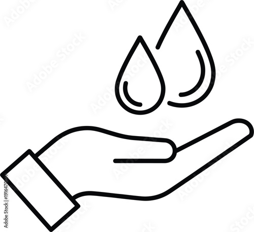 Minimalist line icon of a hand with water droplets representing hand washing hygiene sanitization skincare and water conservation for health and environmental awareness.