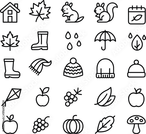 Autumn fall season icon set line vector collection featuring leaves, pumpkin, rain, animals, cozy weather lifestyle symbols