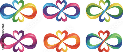 Colorful infinity heart symbols set, vibrant abstract love loop shapes isolated on white background vector illustration design