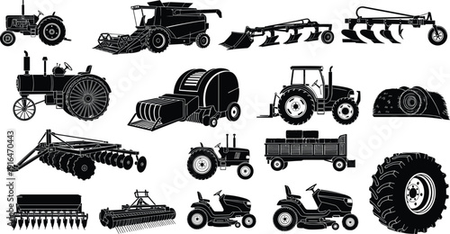 Agricultural machinery silhouettes set with tractors, combine harvester, plow, baler, trailer, farm equipment vector illustration collection isolated