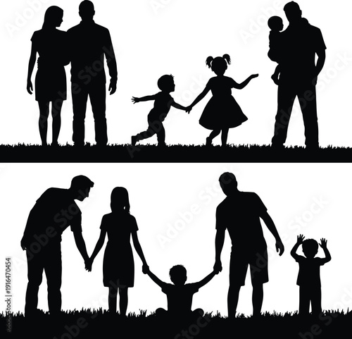 Silhouettes of families with children playing and holding hands together in the park