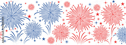 Red and blue fireworks display with stars for independence day celebration fourth of july carnival new year and festive holiday party background illustration.