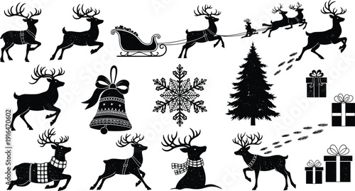 Christmas silhouettes collection with reindeer, sleigh, Santa, snowflake, bell, gifts, pine tree festive holiday vector illustration set