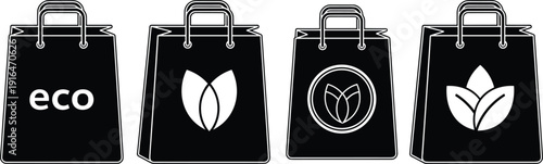 Set of black silhouette eco-friendly paper shopping bag icons featuring leaf symbols and eco text for sustainable retail branding and organic grocery store packaging design.