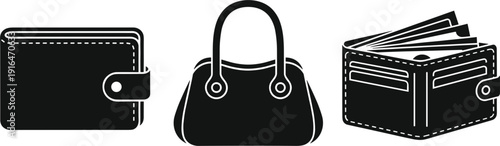 Set of black silhouette icons featuring a closed wallet, a stylish lady's handbag, and an open wallet with paper money for banking, finance, and fashion shopping design.
