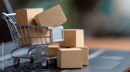 A shopping cart loaded with cardboard boxes sits on a laptop keyboard, representing online shopping, e-commerce orders, and home delivery services