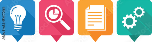 Set of colorful business strategy icons featuring lightbulb magnifying glass document and gears in speech bubble shapes for creative infographic and project management presentation design.