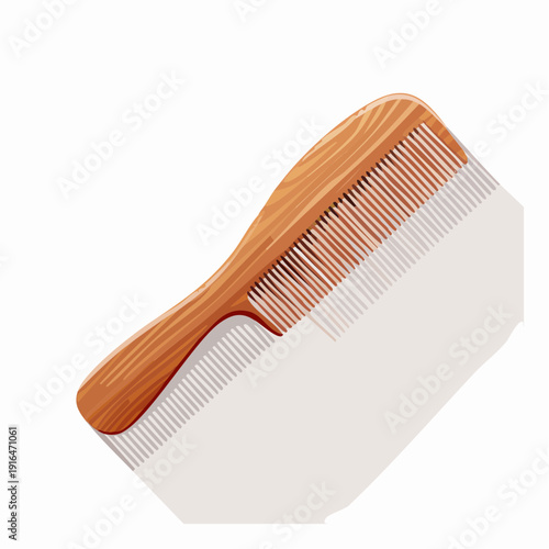 Elegant Wooden Comb for Hair Care and Styling, Essential Grooming Tool with Natural Texture, Flat Design Illustration on White Background, Representing Sustainable Personal Care