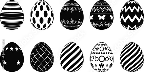 Set of ten black and white Easter egg icons with various patterns like stripes dots and stars for spring holiday celebration design.
