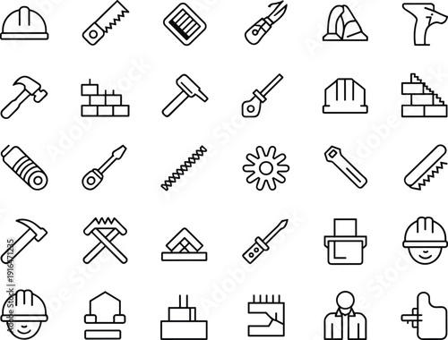 Construction tools and building equipment line icon set with worker helmet hammer saw gear repair engineering symbols