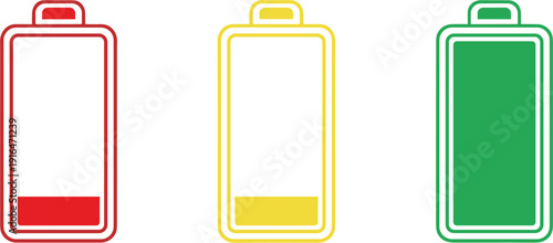 Set of three battery level icons featuring red low charge, yellow medium charge, and green full charge status for mobile device power management and interface design.