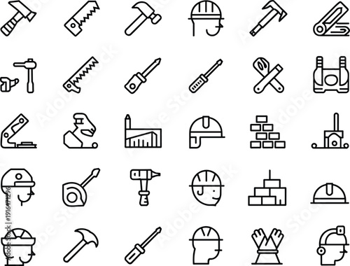 Construction tools and safety equipment line icon set featuring hammer saw helmet factory worker engineering symbols vector