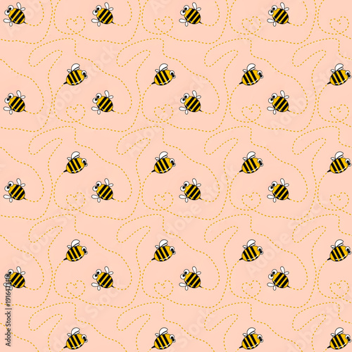 Seamless pattern of cartoon bees with large eyes and heart-shaped dotted flight paths on orange background.