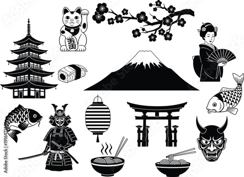 Japanese culture symbols set with geisha, samurai, pagoda, torii gate, Mount Fuji, koi fish vector illustration collection