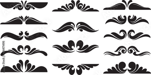 Collection of black ornamental design elements and swirls on white
