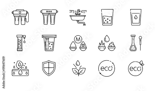 Clean drinking water filtration line icon vector set