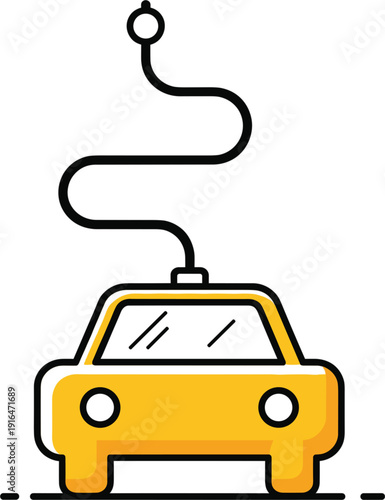 Yellow toy bumper car icon with antenna representing amusement park rides childhood fun fairground attractions and electric carnival vehicles.