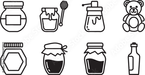 Honey Jars and Bear Icon Set with Dipper Isolated on White Background
