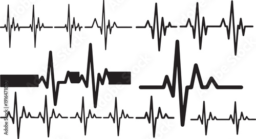 Collection of various black ECG heartbeat line graphs and tracings