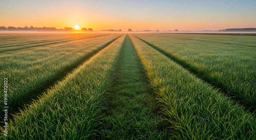 Obraz premium Serene landscape of a lush green field at sunrise captured in a vibrant png image