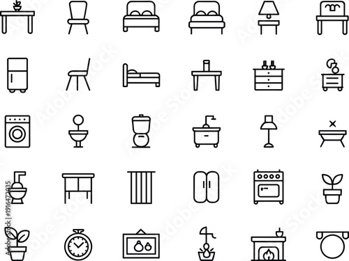 Home furniture and interior line icons set, modern household appliances living room bedroom kitchen outline vector collection pack