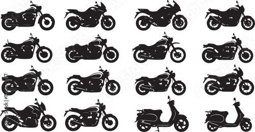 Collection of various motorcycle silhouettes on white background