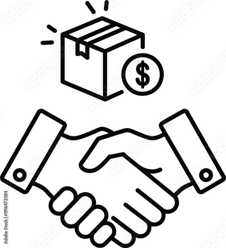 Business handshake line icon with a cardboard box and dollar coin symbol representing a successful trade deal e-commerce transaction and delivery agreement.