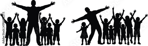 Father with children silhouettes, happy family group celebration isolated on white background vector illustration set