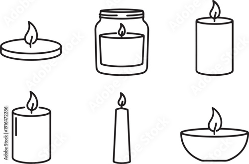 Candle Icons Collection with Flames and Different Shapes Isolated on White Background