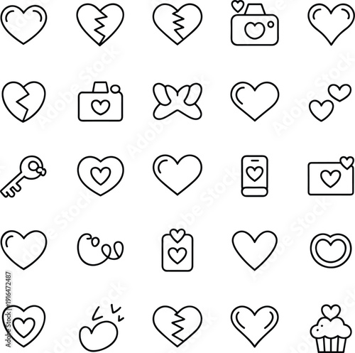 Love heart romance icon set line vector collection featuring relationship emotion valentines symbols affection design illustration romantic concept